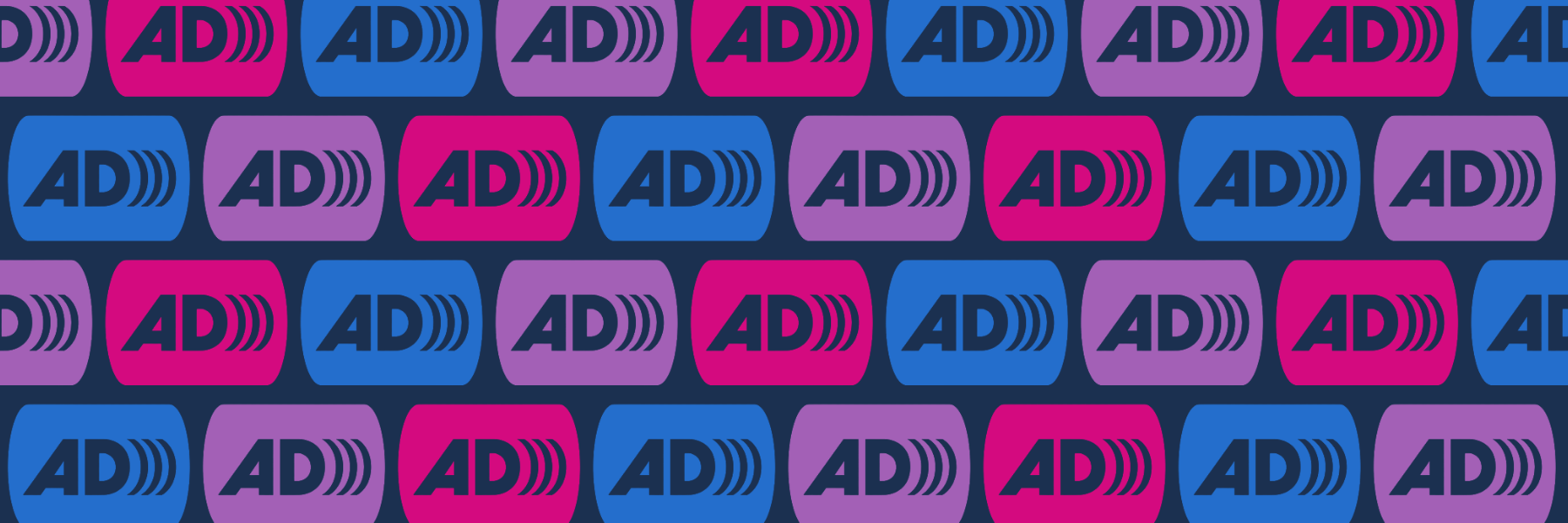 Multi-color audio description icons on navy blue background